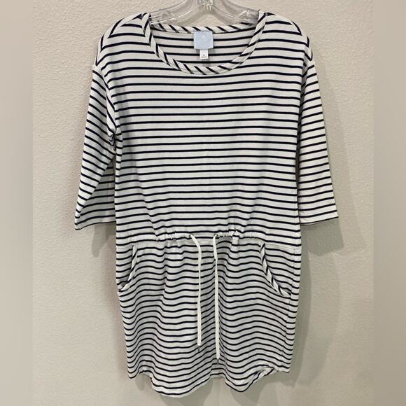Sunday‎ dress three-quarter sleeves, white navy blue stripes size medium - Picture 1 of 7
